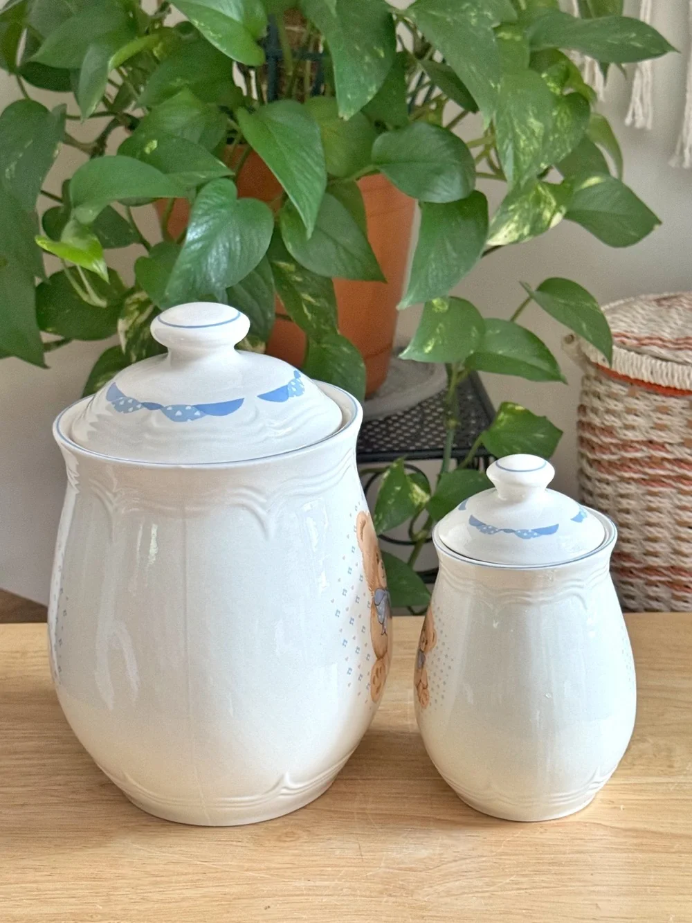 Tienshan Stoneware Vintage Country Bear Canister Set Small and Large Set of 2